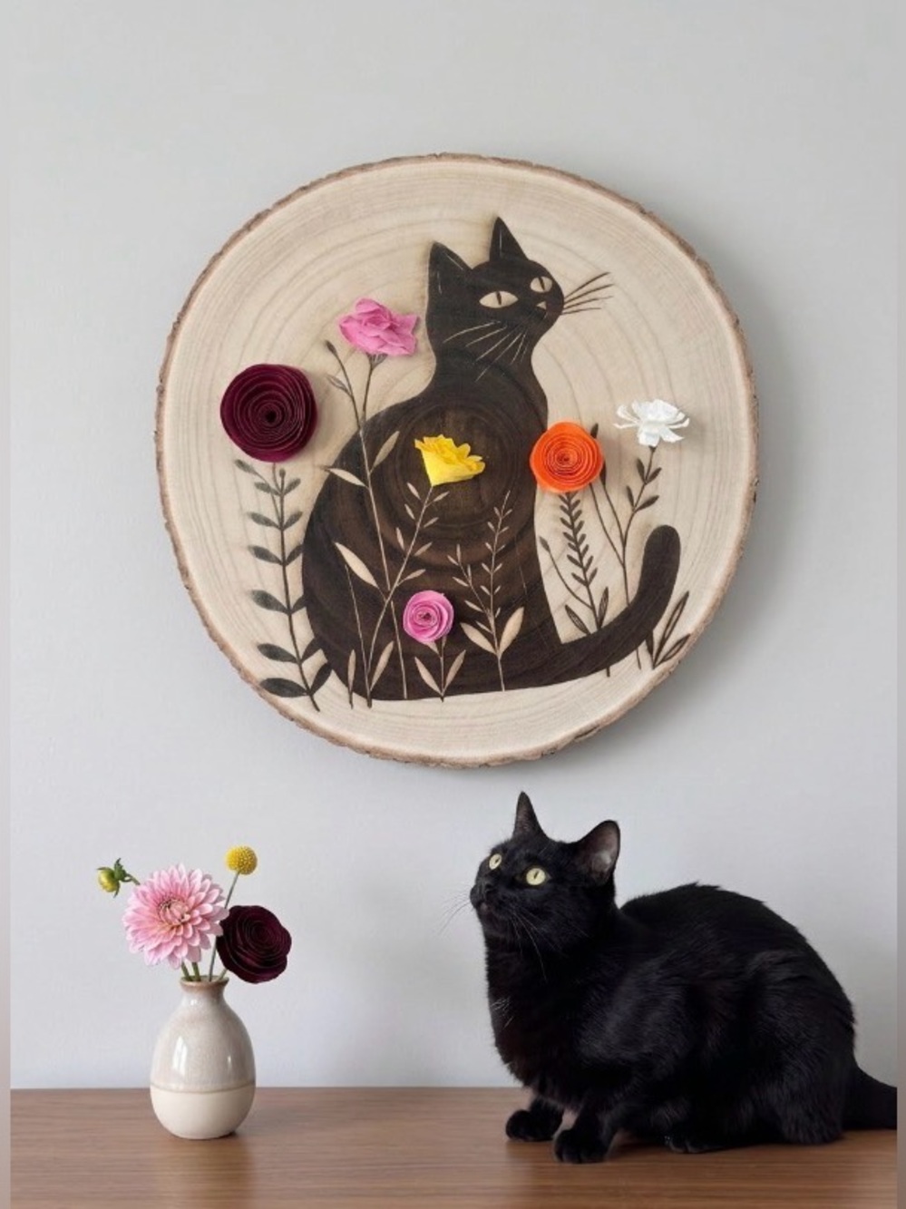 Handcrafted Cat Wood Slice Wall Art Laser Engraved Floral Decor